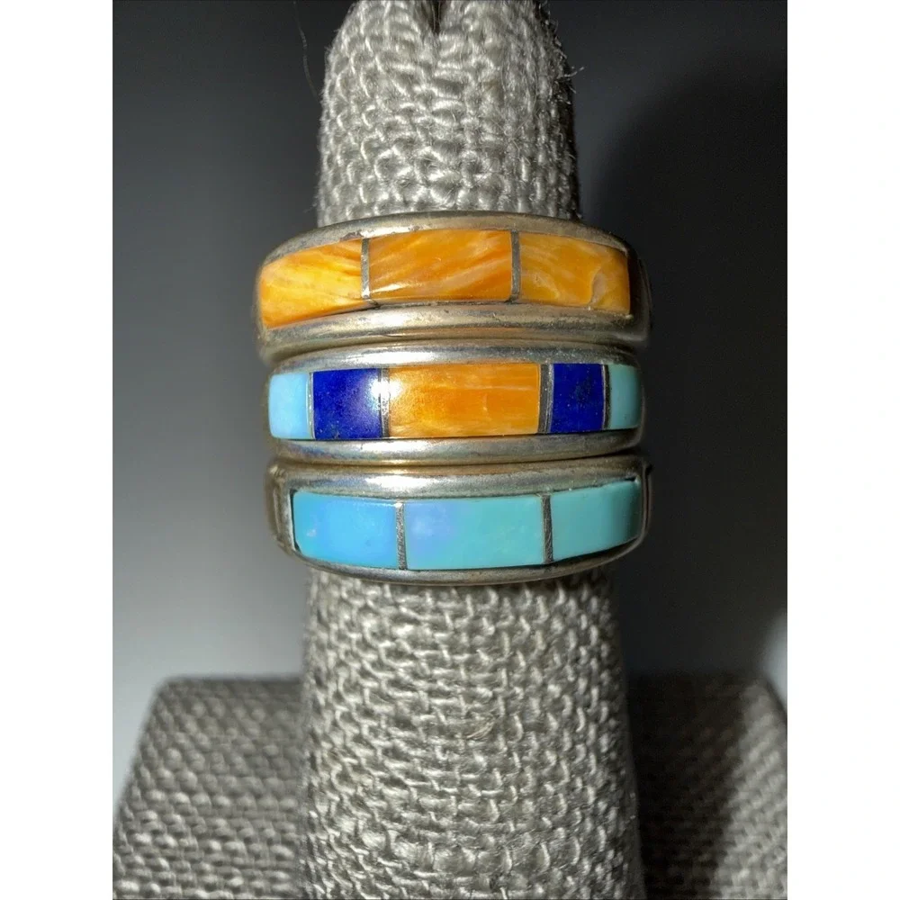 VTG Carolyn Pollack Sterling Multigem Inlay Stack Ring Set 3 Sz 4.75 (read) 10gr